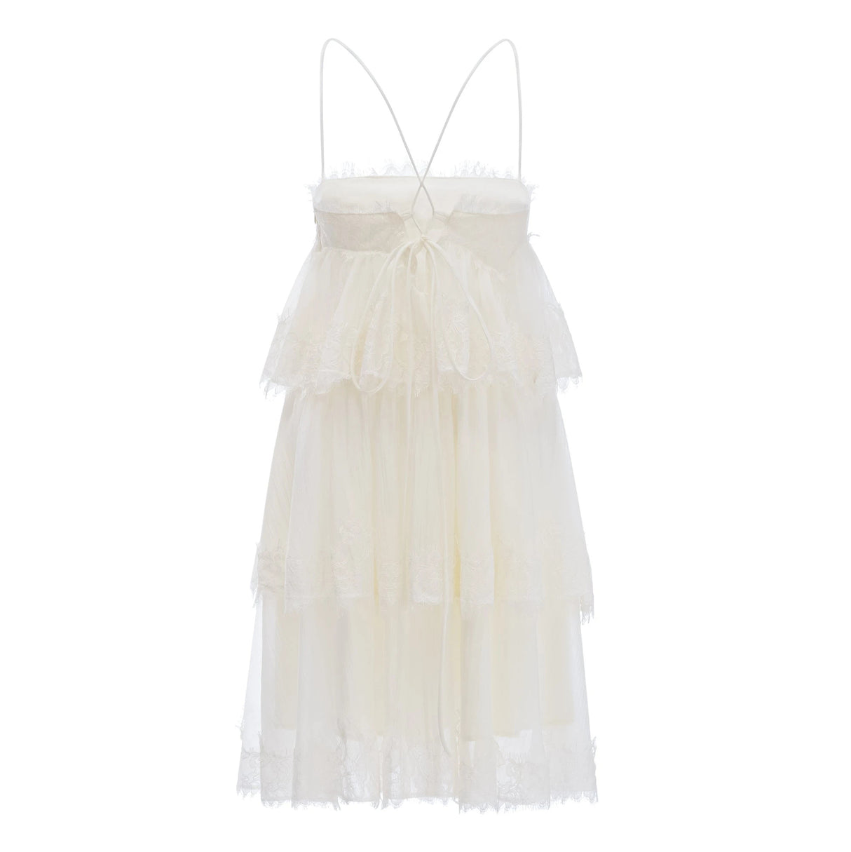 Rachel Beige Tiered Mini Dress with Lace Trim