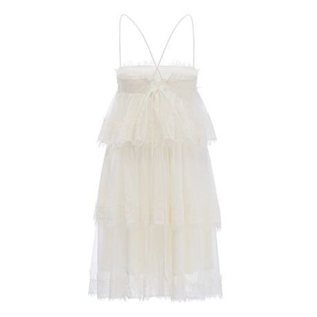 Emanuela Mini Dress Beige Tiered with Lace Trim
