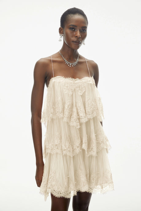 Emanuela Mini Dress Beige Tiered with Lace Trim