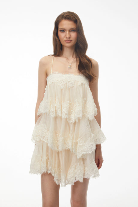 Ginetta Mini Dress Beige Tiered with Lace Trim