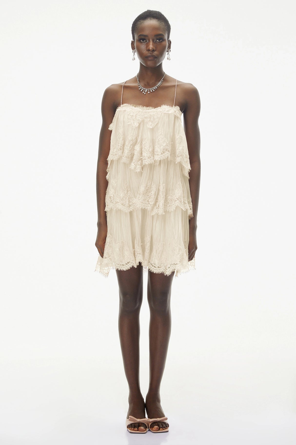 Rachel Beige Tiered Mini Dress with Lace Trim