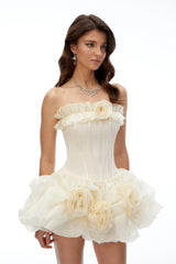Rachel Cream Off Shoulder Ruffled Mini Dress with 3D Florals