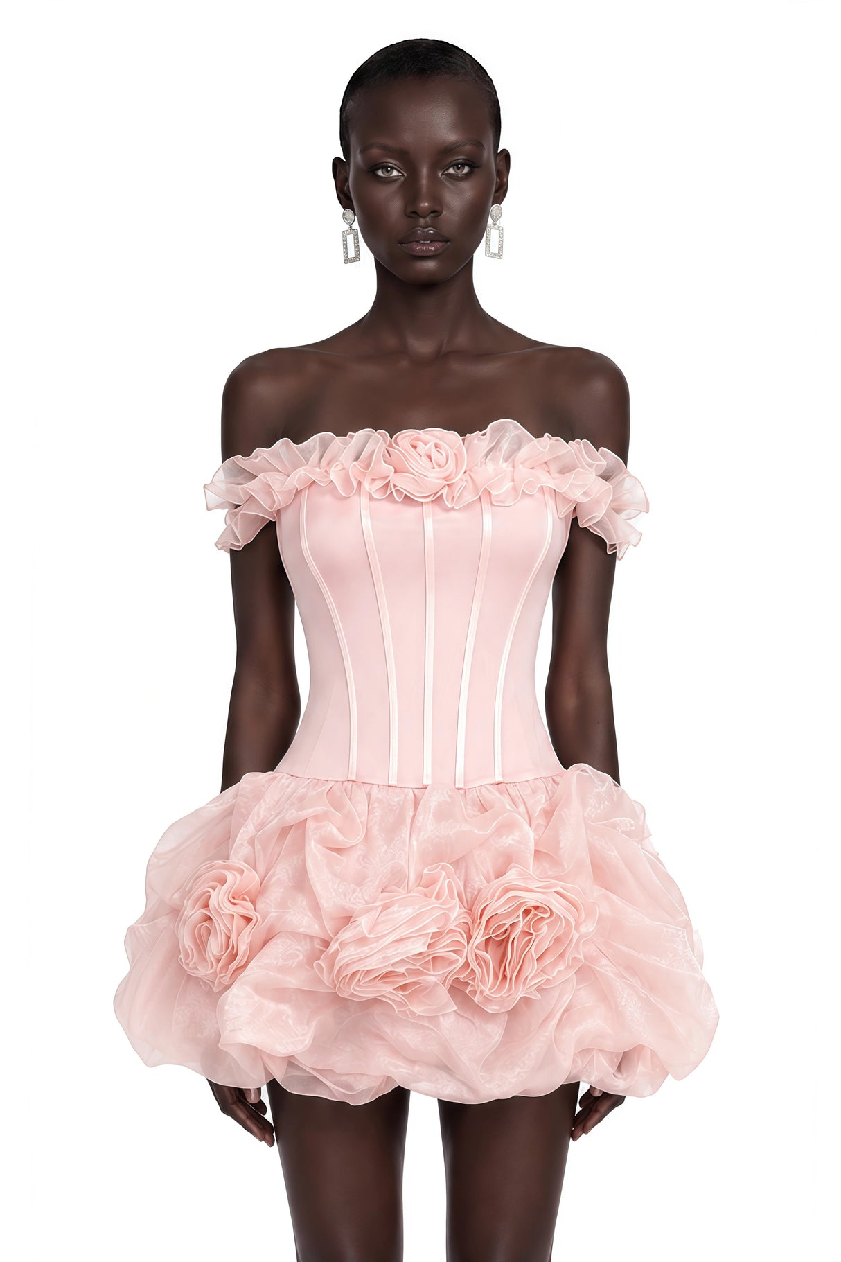 Rachel Pink Off Shoulder Ruffled Mini Dress with 3D Florals