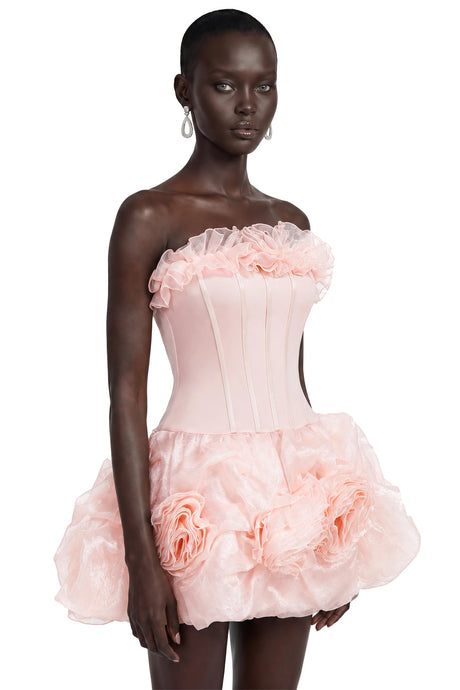 Barbara Mini Dress Pink Off Shoulder Ruffled with 3D Florals