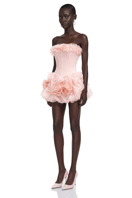 Barbara Mini Dress Pink Off Shoulder Ruffled with 3D Florals