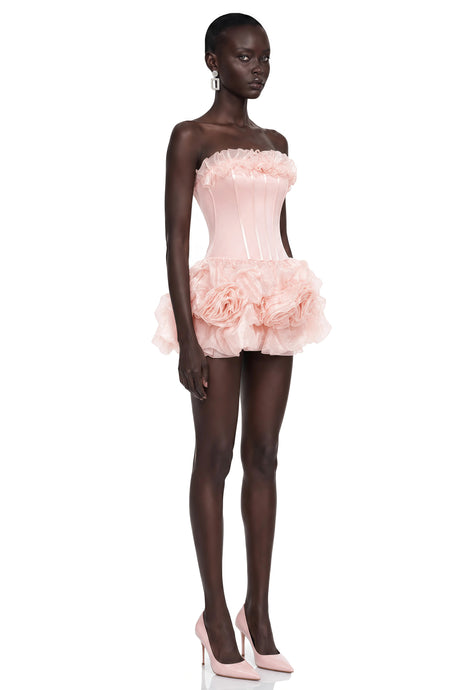 Barbara Mini Dress Pink Off Shoulder Ruffled with 3D Florals
