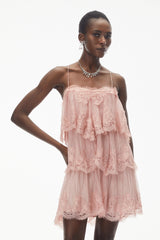 Rachel Pink Tiered Mini Dress with Lace Trim