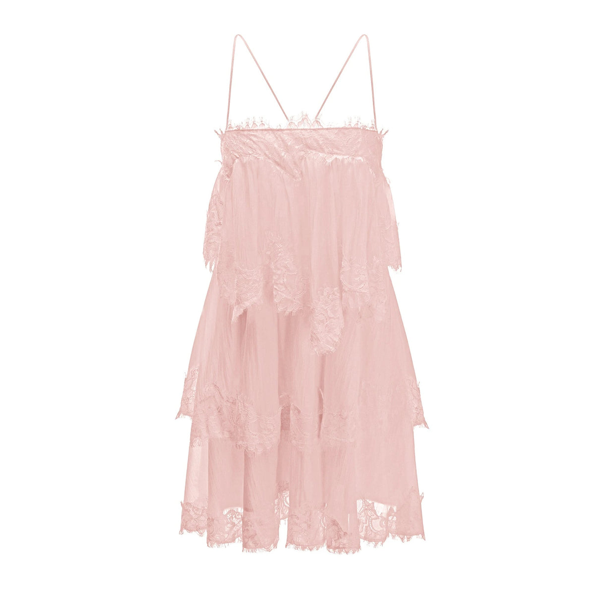 Rachel Pink Tiered Mini Dress with Lace Trim
