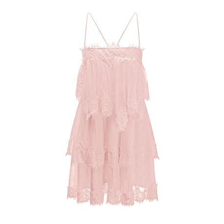 Diana Mini Dress Pink Tiered with Lace Trim
