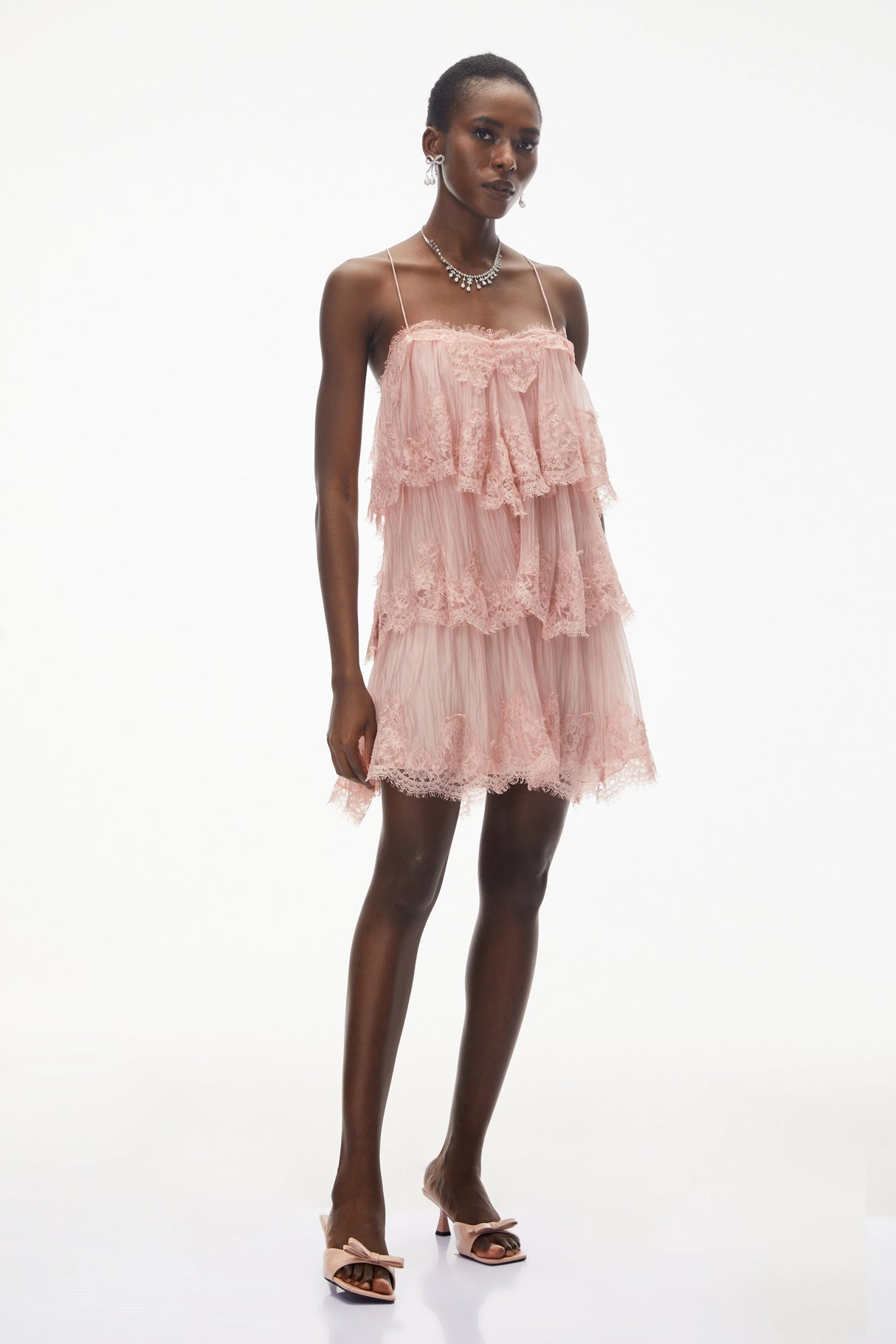 Rachel Pink Tiered Mini Dress with Lace Trim