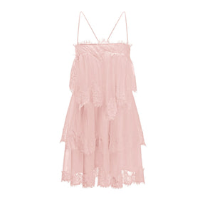 Rachel Pink Tiered Mini Dress with Lace Trim