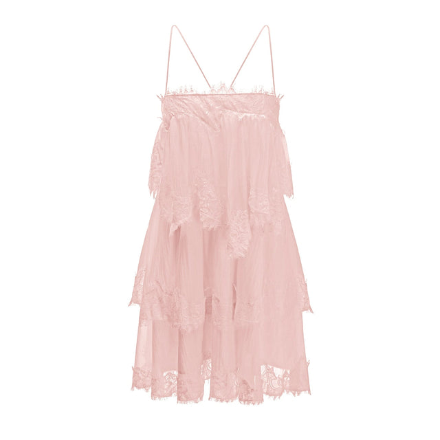 Rachel Pink Tiered Mini Dress with Lace Trim