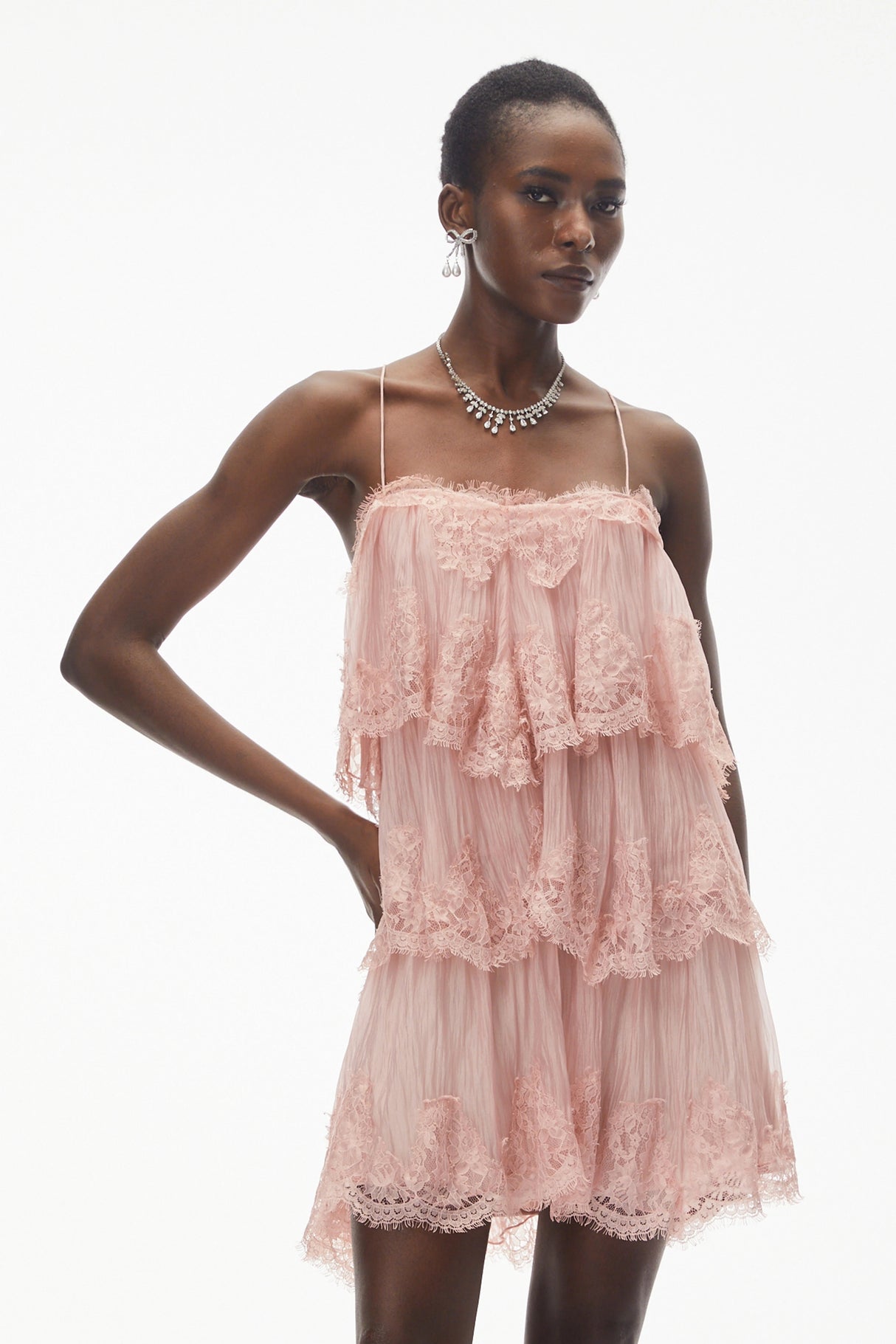 Rachel Pink Tiered Mini Dress with Lace Trim