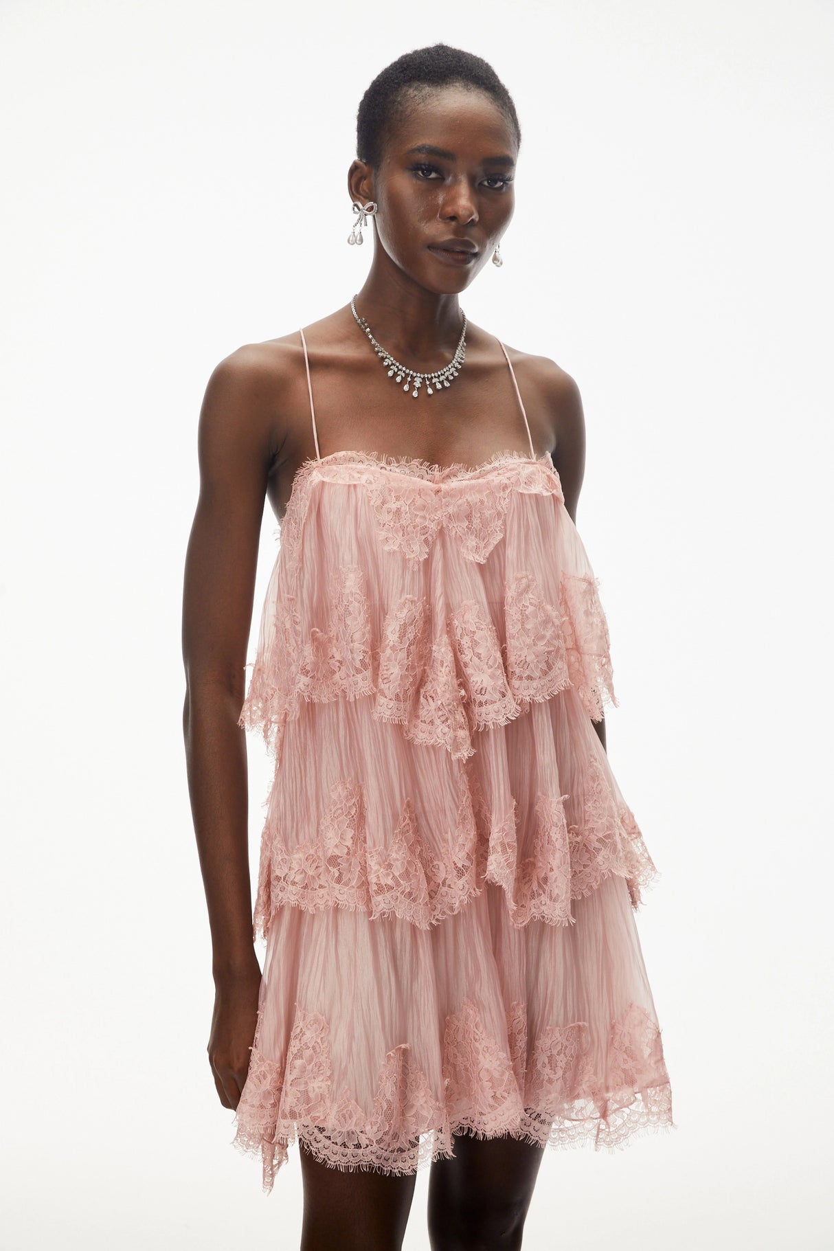 Rachel Pink Tiered Mini Dress with Lace Trim