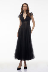 Radiya Black Floral Lace Pleated Maxi Dress