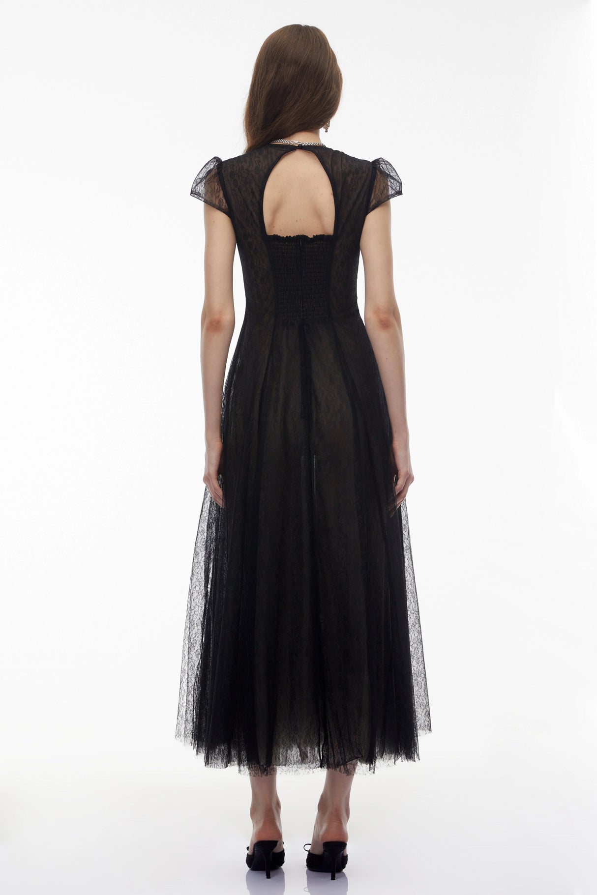 Radiya Black Floral Lace Pleated Maxi Dress