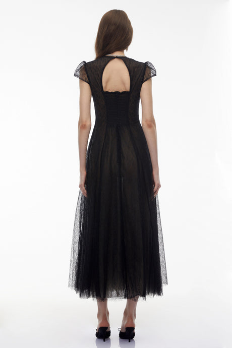 Costanza Maxi Dress Black Floral Lace Pleated