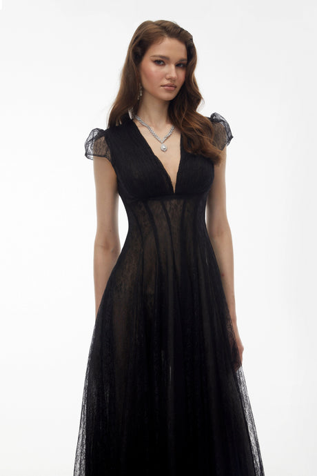 Costanza Maxi Dress Black Floral Lace Pleated