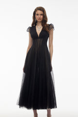 Radiya Black Floral Lace Pleated Maxi Dress