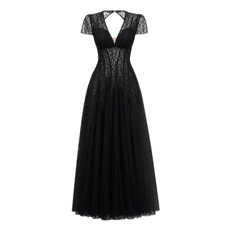 Costanza Maxi Dress Black Floral Lace Pleated