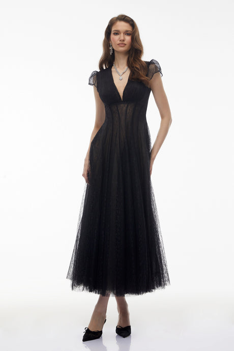 Costanza Maxi Dress Black Floral Lace Pleated
