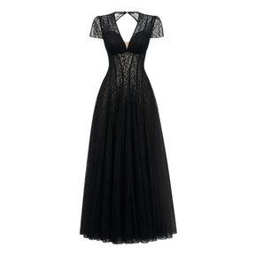 Radiya Black Floral Lace Pleated Maxi Dress
