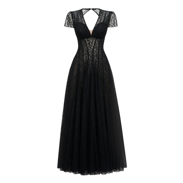 Radiya Black Floral Lace Pleated Maxi Dress