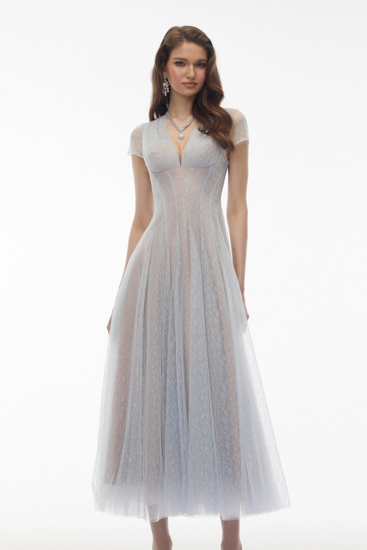 Radiya Blue Floral Lace Pleated Maxi Dress