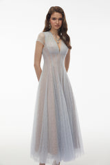 Radiya Blue Floral Lace Pleated Maxi Dress