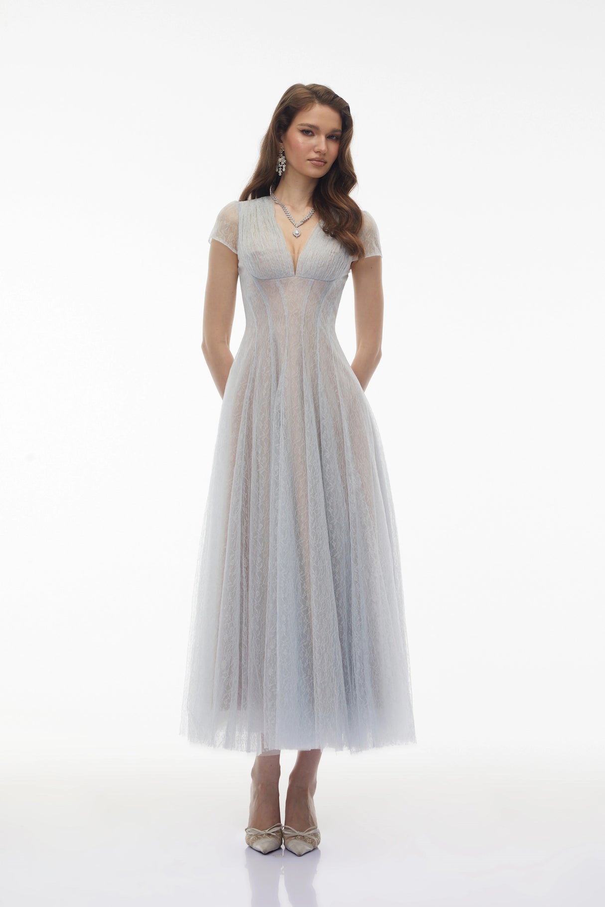 Radiya Blue Floral Lace Pleated Maxi Dress