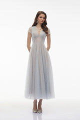 Radiya Blue Floral Lace Pleated Maxi Dress