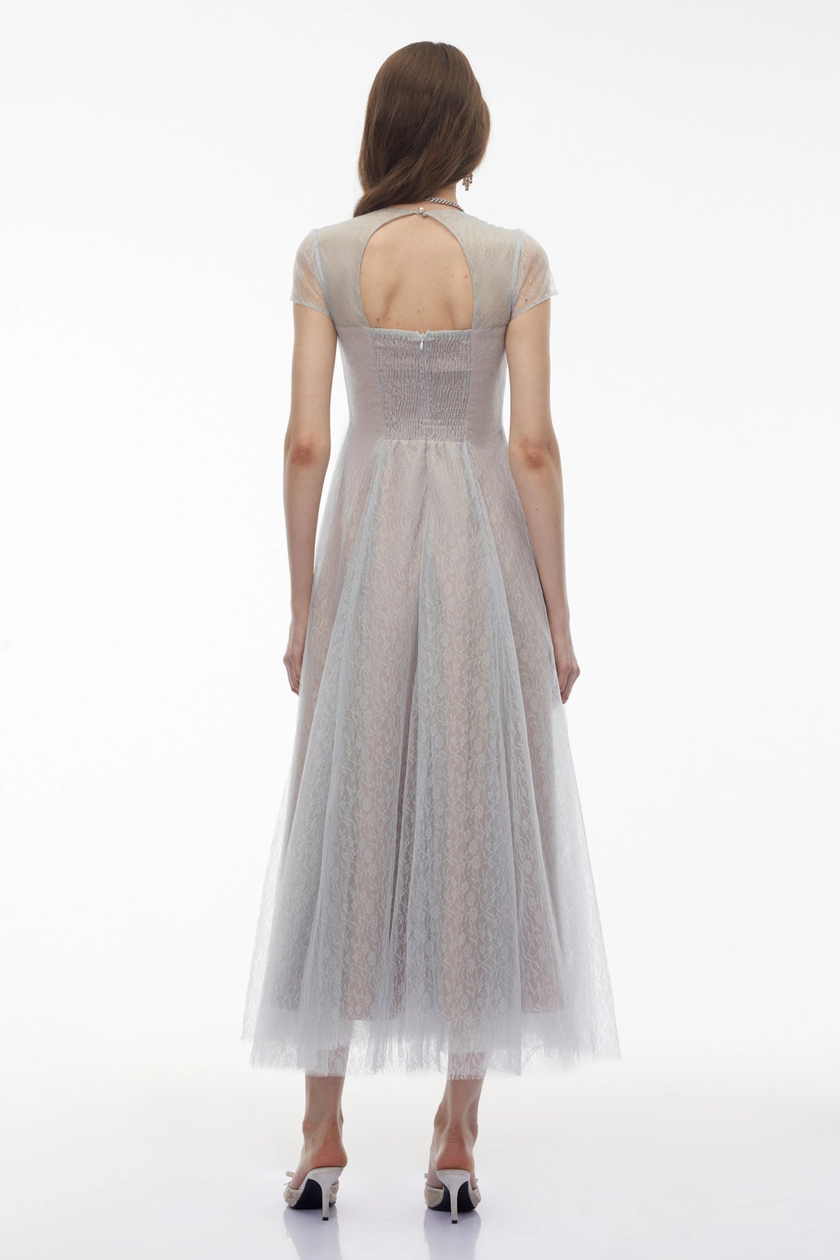 Radiya Blue Floral Lace Pleated Maxi Dress
