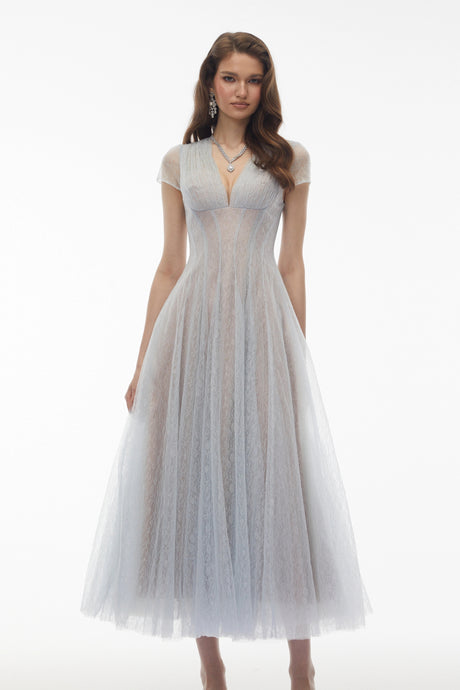 Mariateresa Maxi Dress Blue Floral Lace Pleated
