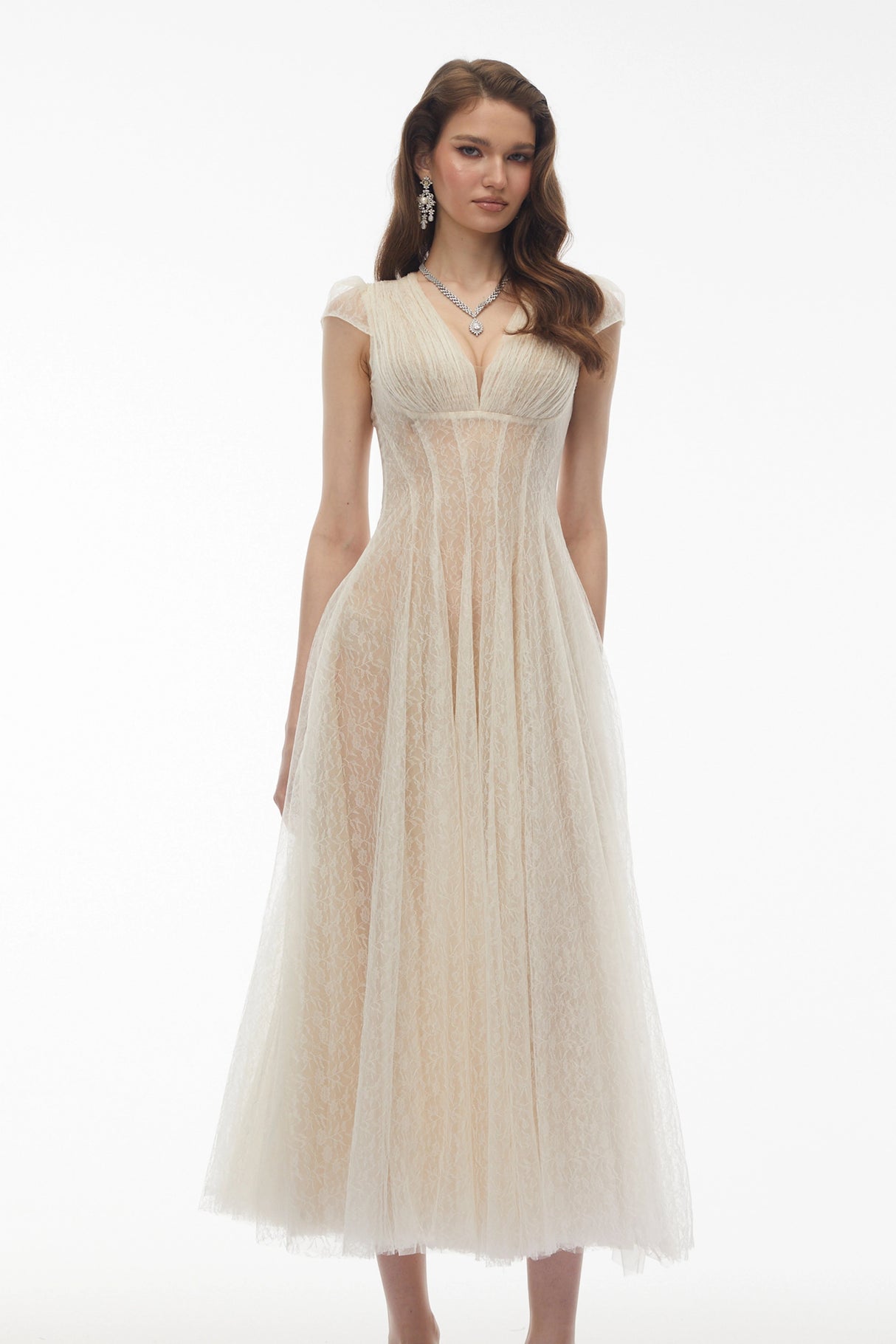Radiya Cream White Floral Lace Pleated Maxi Dress