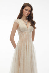Radiya Cream White Floral Lace Pleated Maxi Dress