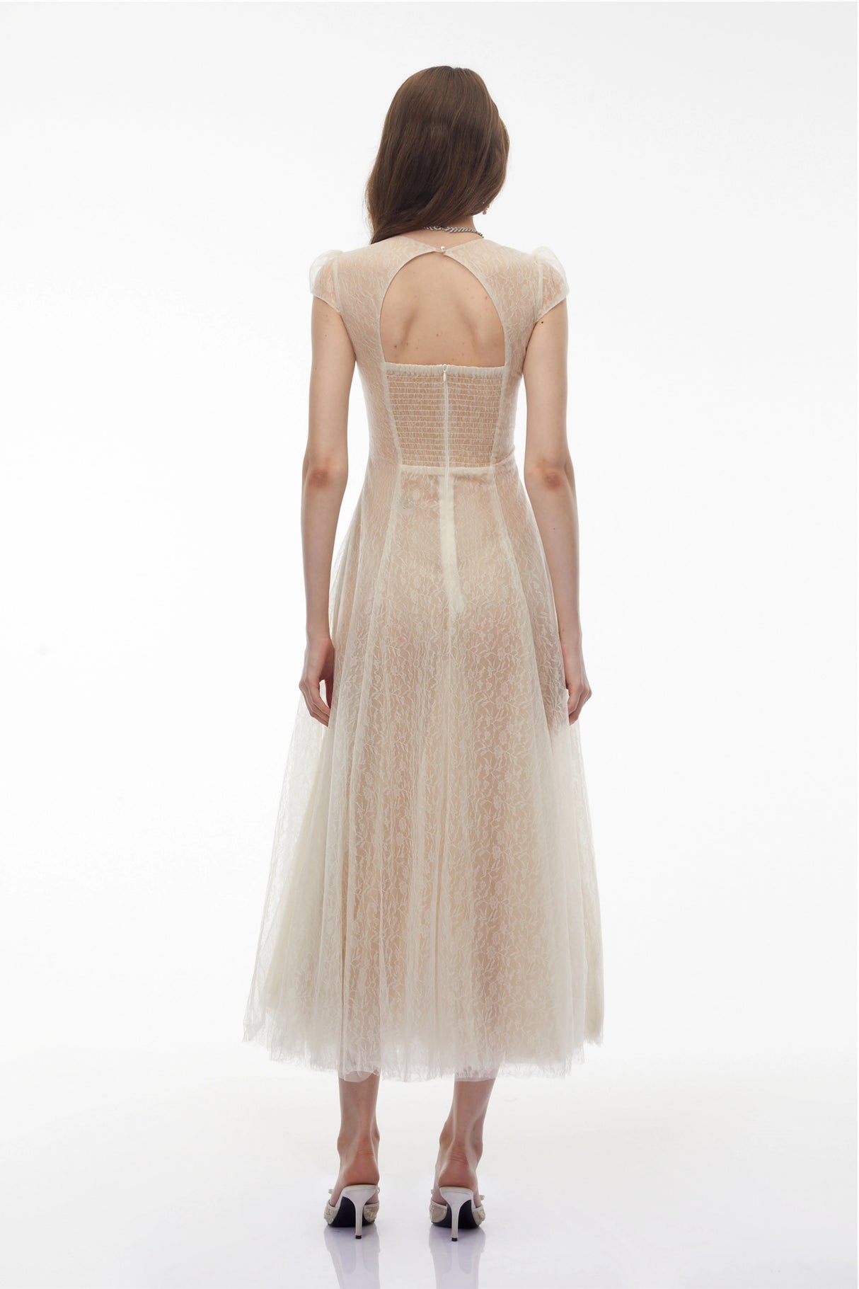 Radiya Cream White Floral Lace Pleated Maxi Dress