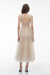 Radiya Cream White Floral Lace Pleated Maxi Dress