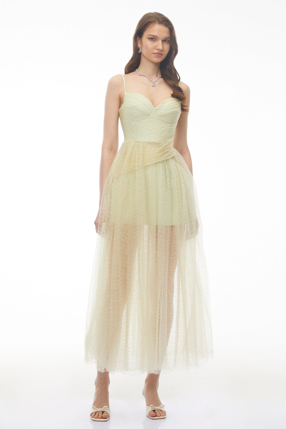 Radiya Sage Green Lace Pleated Maxi Dress