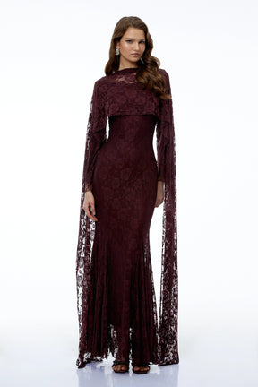Rafaela Reddish Brown Floral Maxi Dress with Cape