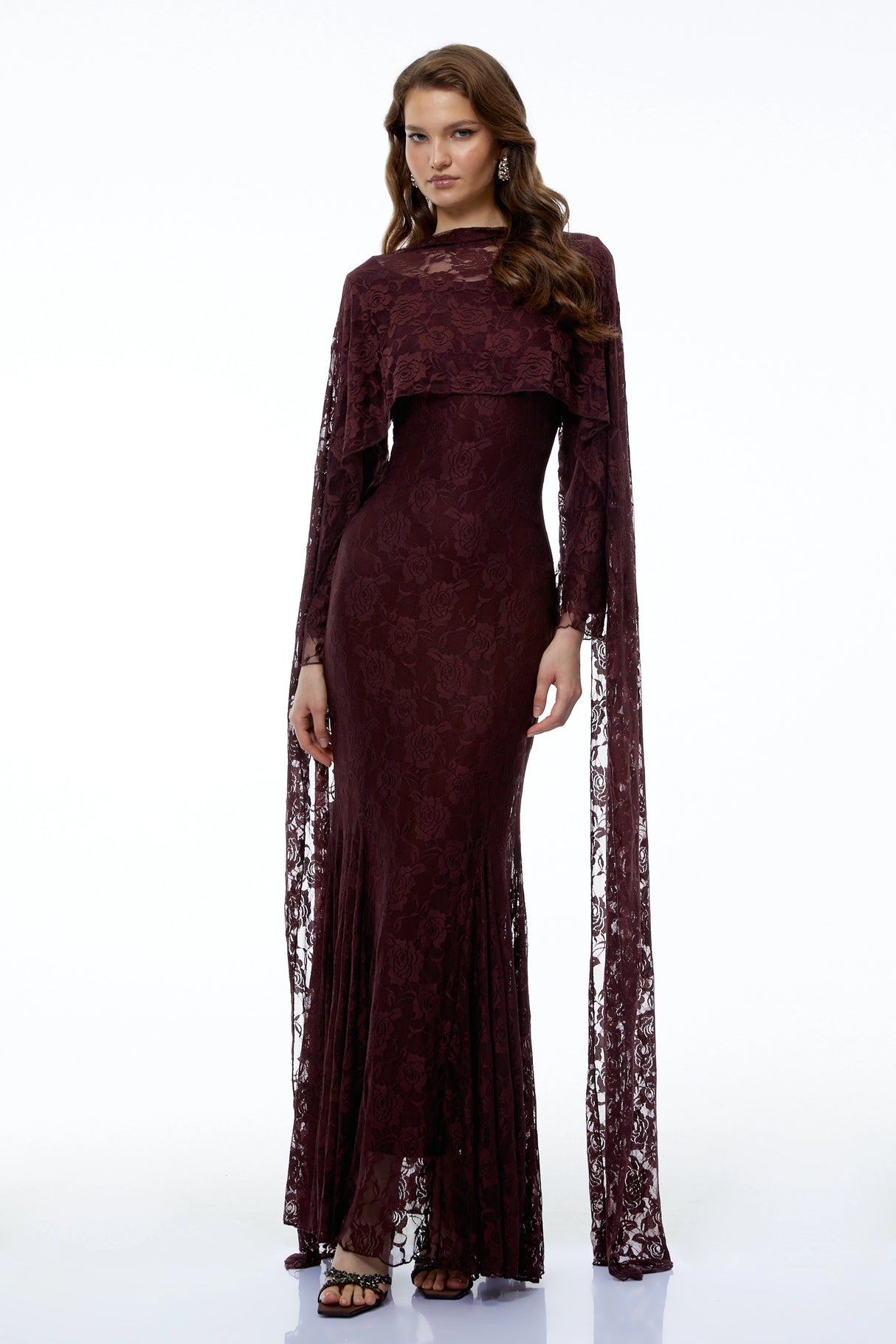 Rafaela Reddish Brown Floral Maxi Dress with Cape