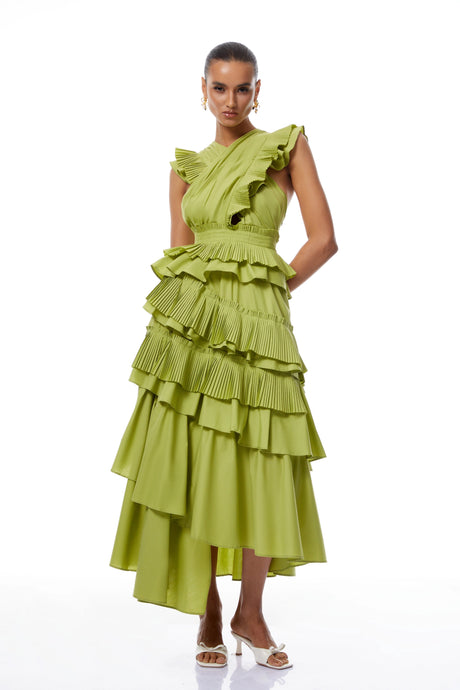 Santa Midi Dress Green Asymmetrical Ruffled Tiered