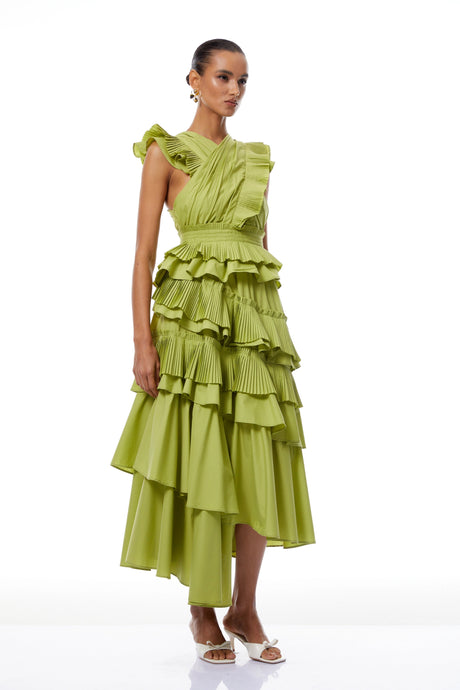 Santa Midi Dress Green Asymmetrical Ruffled Tiered