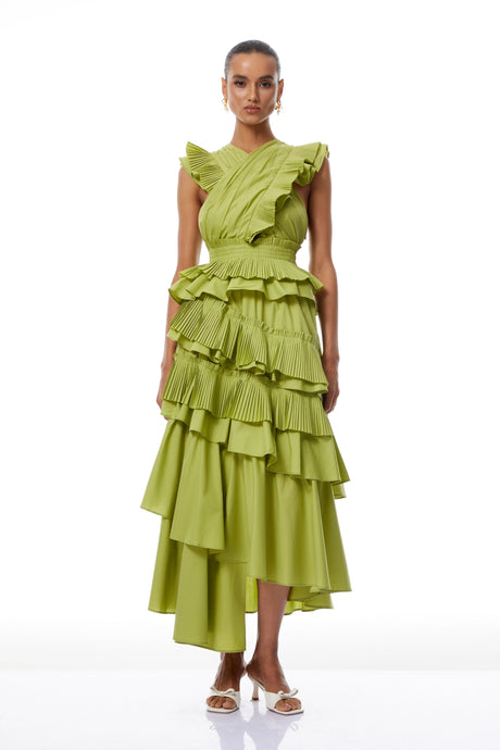 Santa Midi Dress Green Asymmetrical Ruffled Tiered