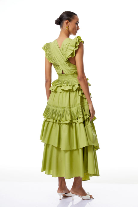 Santa Midi Dress Green Asymmetrical Ruffled Tiered