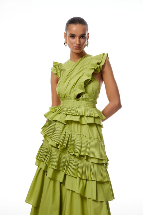 Santa Midi Dress Green Asymmetrical Ruffled Tiered