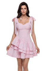 Rahab Pink LaceUp Tiered Mini Dress
