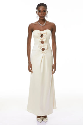 Ramona White CutOut Bow Pleated Maxi Dress