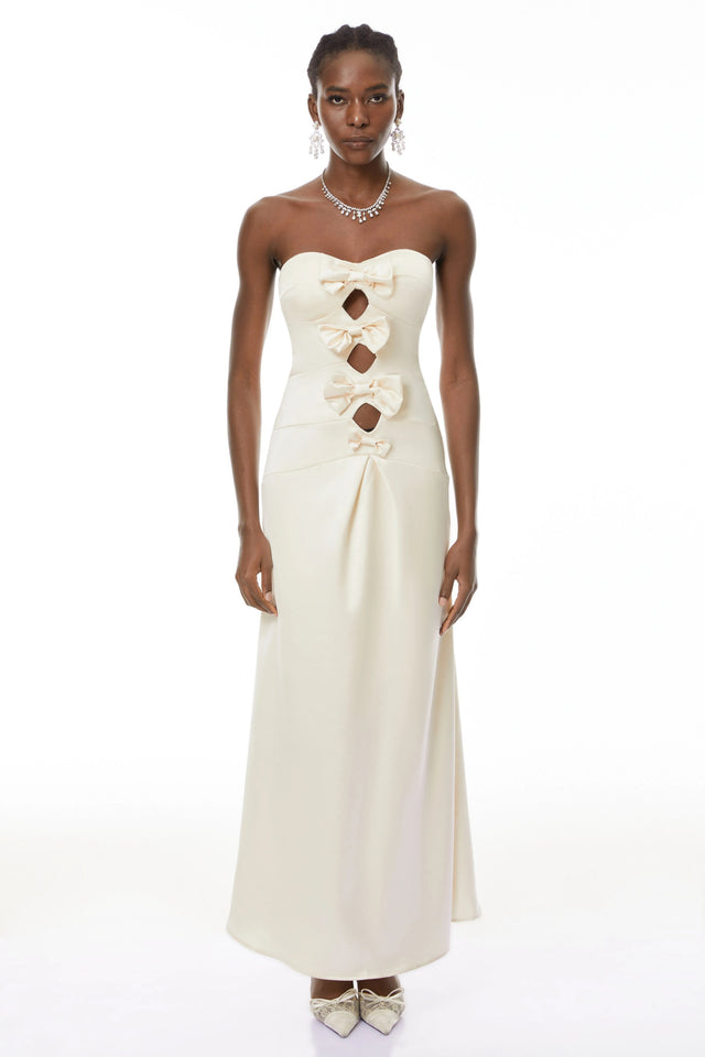 Ramona White CutOut Bow Pleated Maxi Dress