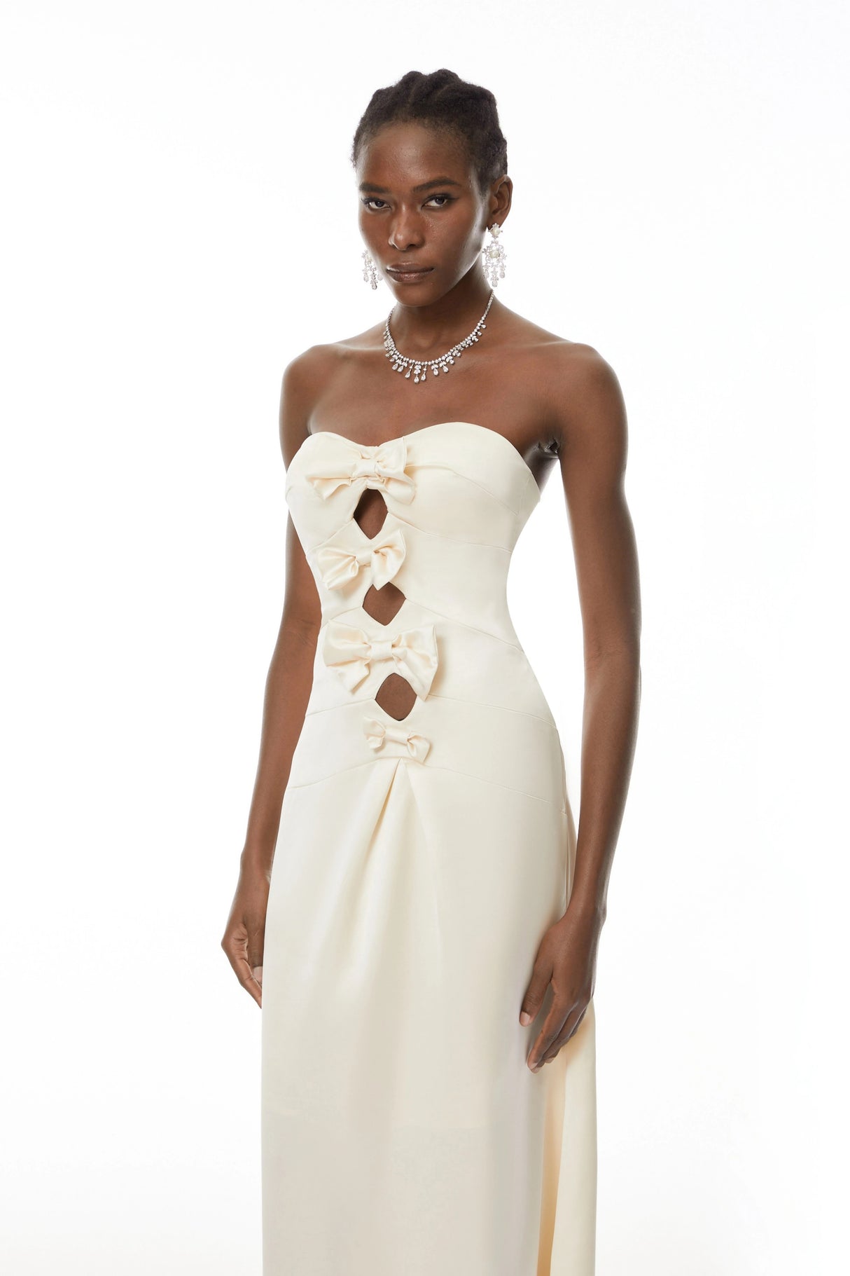 Ramona White CutOut Bow Pleated Maxi Dress