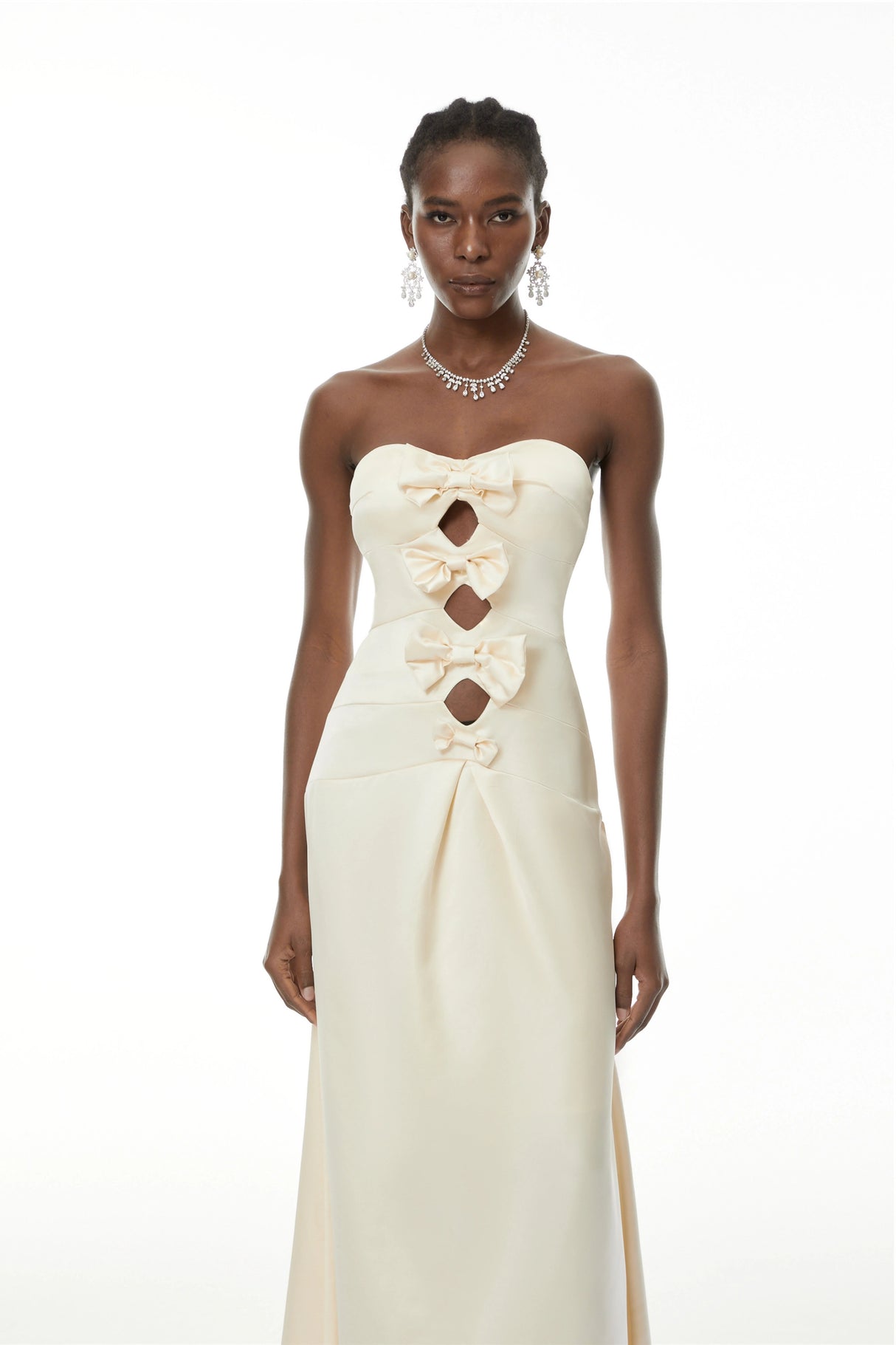 Ramona White CutOut Bow Pleated Maxi Dress